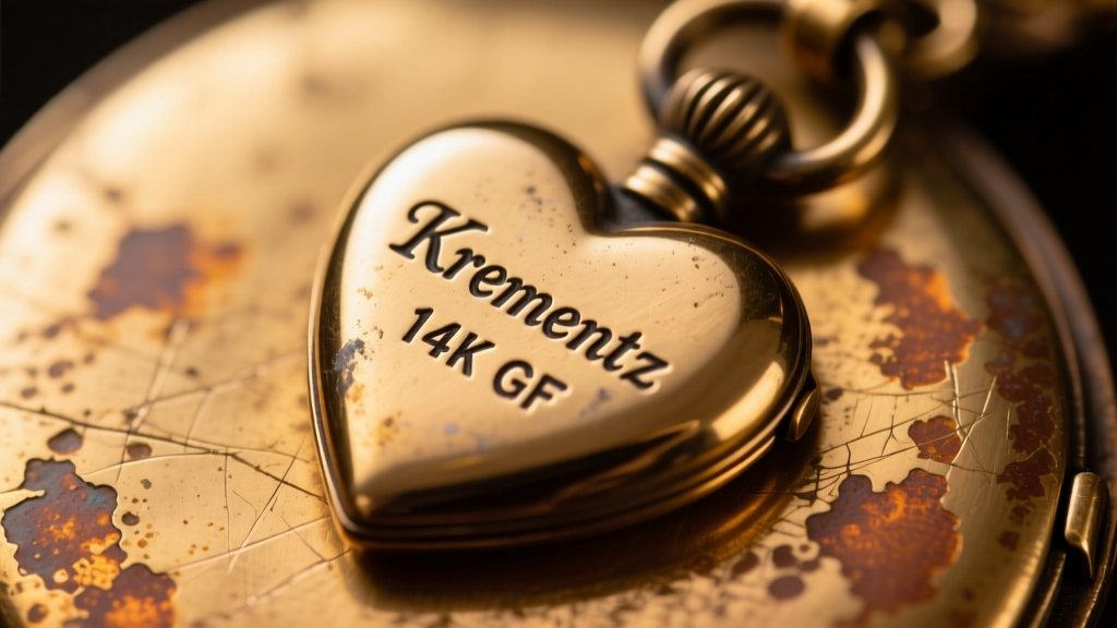 Macro photo of a Krementz hallmark on a heart locket clasp, showing a worn 14K GF stamp against a textured brass background.
