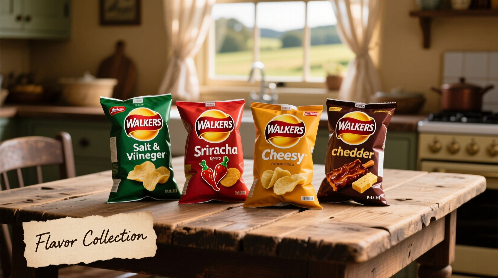 Walkers potato chips flavor varieties on wooden table