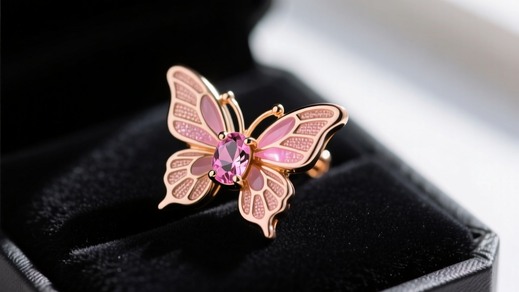 Macro shot of a 20-gauge titanium pink butterfly earring with PVD coating and rose quartz, resting on a dark velvet jewelry pad.