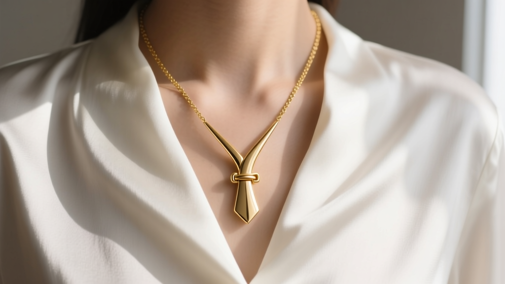 Close-up of a 14k gold tie necklace forming a Y-shape over a white silk blouse, soft lighting highlighting the sliding clasp
