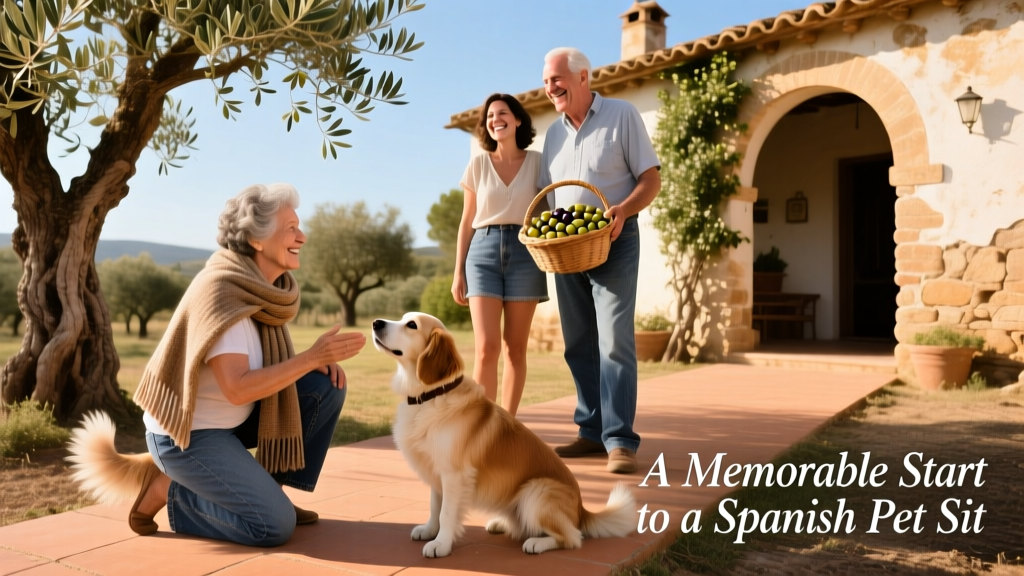 Nana and Dixon, two friendly dogs, greeting Brooke and Buddy alongside Carole and Richard at their olive farm home