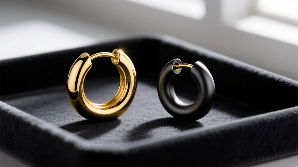 Macro shot of a polished 14k yellow gold seamless hoop and a matte-black anodized niobium huggie resting on a dark velvet tray.