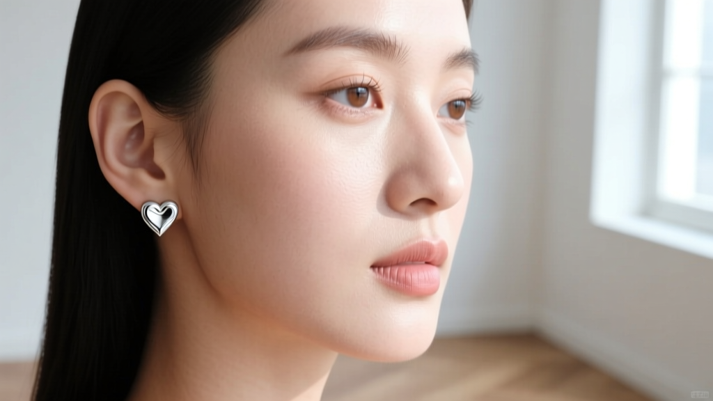 Close-up of a young woman wearing delicate 925 sterling silver heart stud earrings on her earlobes, soft natural window lighting