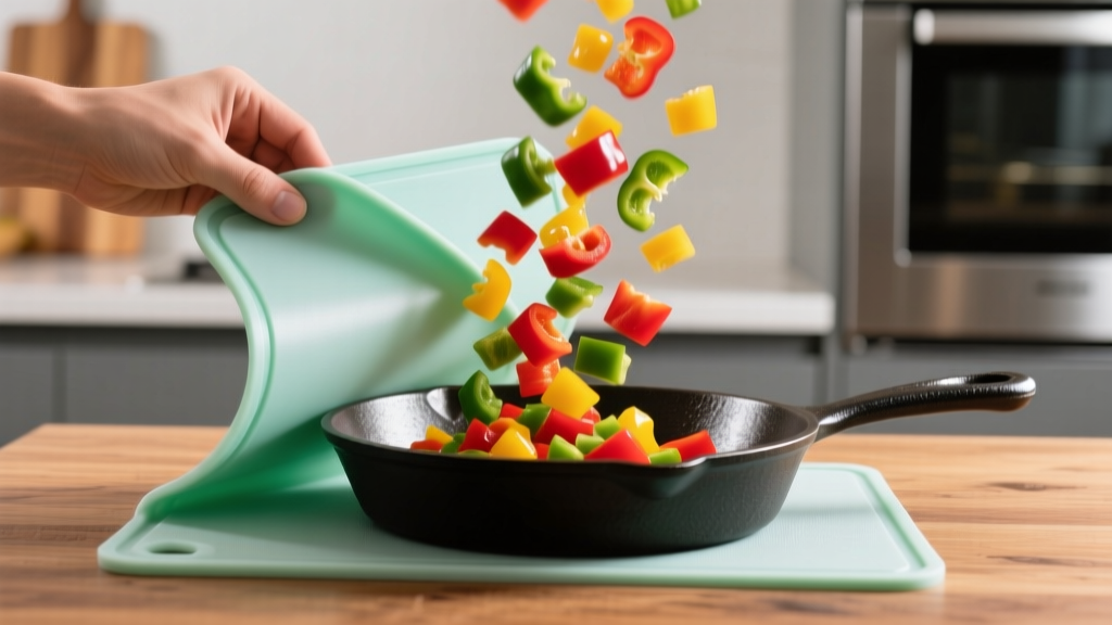 Hands folding a flexible TPU kitchen cutting mat in half to pour diced bell peppers directly into a waiting cast iron skillet