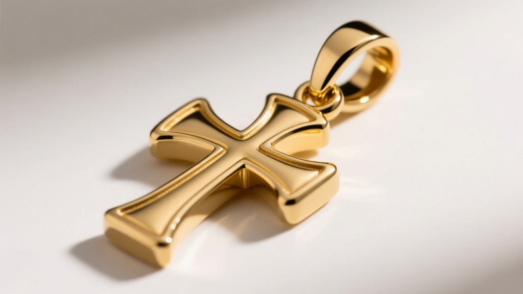 Side view of a 14k solid gold Templar cross pendant showing a thick bail loop and polished finish reflecting warm studio lighting.