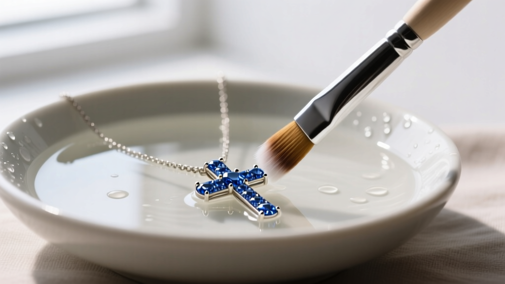 Close-up of a soft brush cleaning a micro-pave blue diamond cross necklace in a bowl of mild warm soapy water