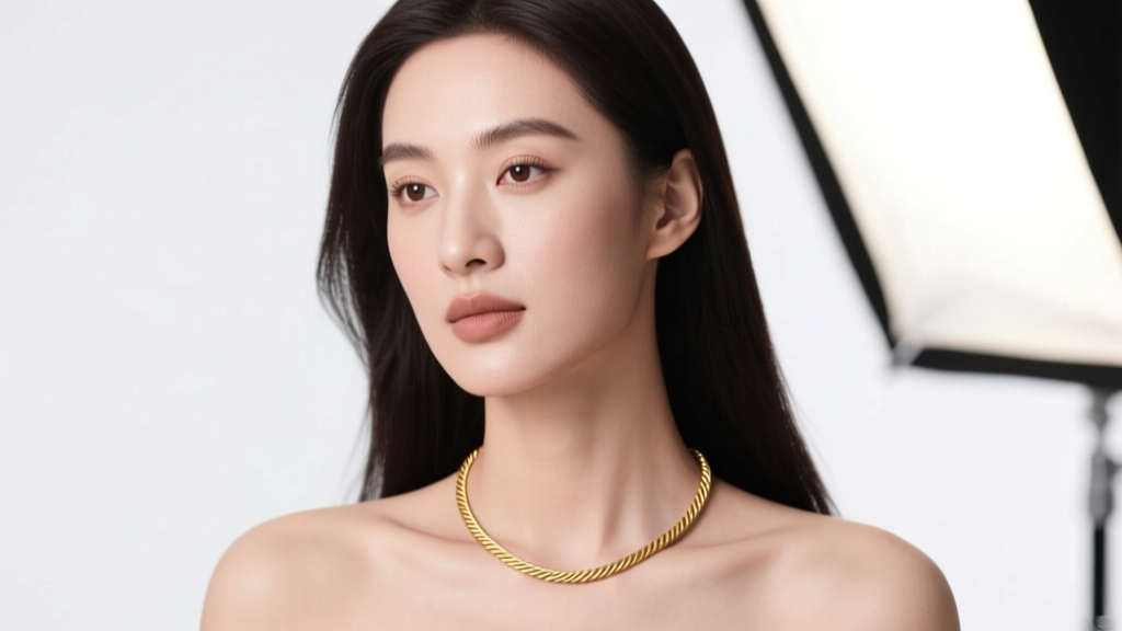 Woman wearing a 17-inch gold cable chain resting on her collarbone under soft studio light, minimalist jewelry aesthetic