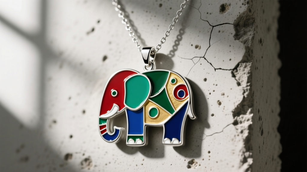 Sterling silver Peter Blake elephant collage enamel pendant necklace on raw concrete under soft, directional window light