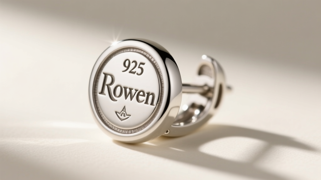 Magnified view of a 925 sterling silver hallmark stamped on a Rowen earring clutch, showing crisp and deep engraving details.