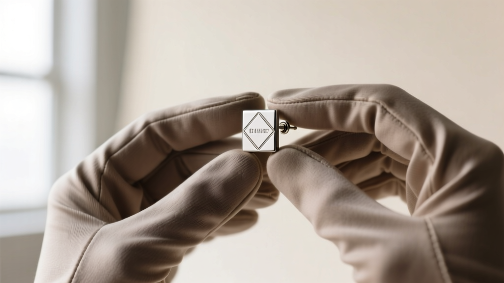 Close-up of gloved hands holding a 16-gauge titanium threadless flat back earring against a softly lit, clean studio backdrop.