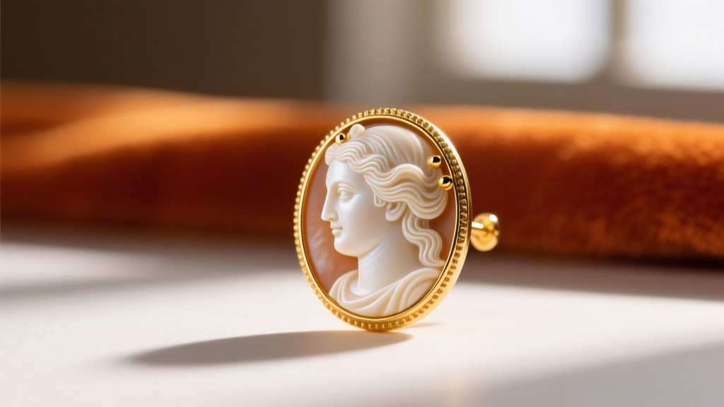 Hand-carved shell cameo earring in 14k yellow gold, showing a classical female profile against a warm orange background on velvet