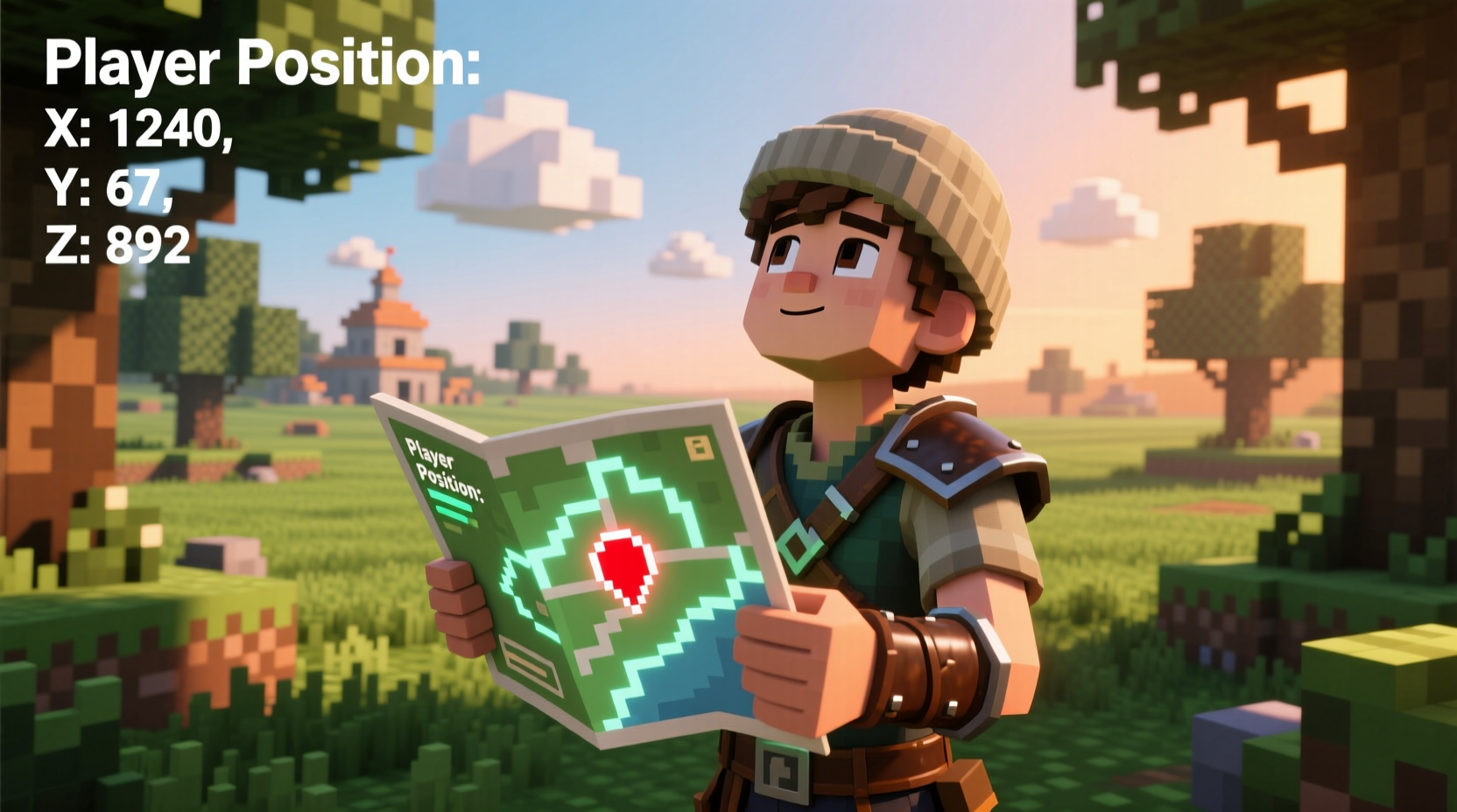 Player holding locator map showing real-time position in Minecraft