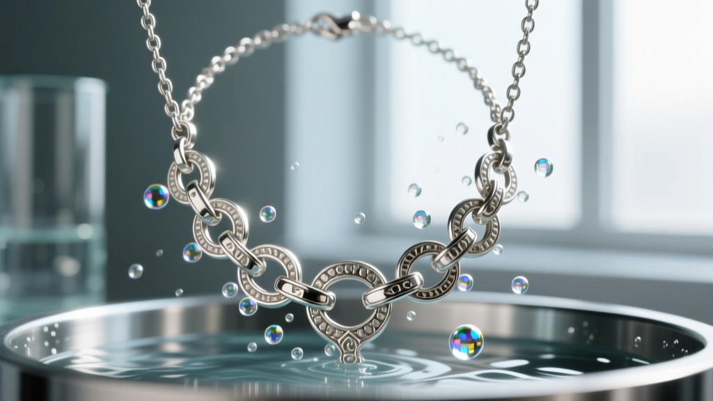 A mens byzantine necklace in an ultrasonic cleaner, cavitation bubbles forming around the intricate interlocking silver links.