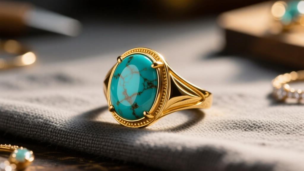 Macro shot of a 14k gold ring and turquoise cabochon on a grey cloth under warm, directional lighting at a jewelry workbench.