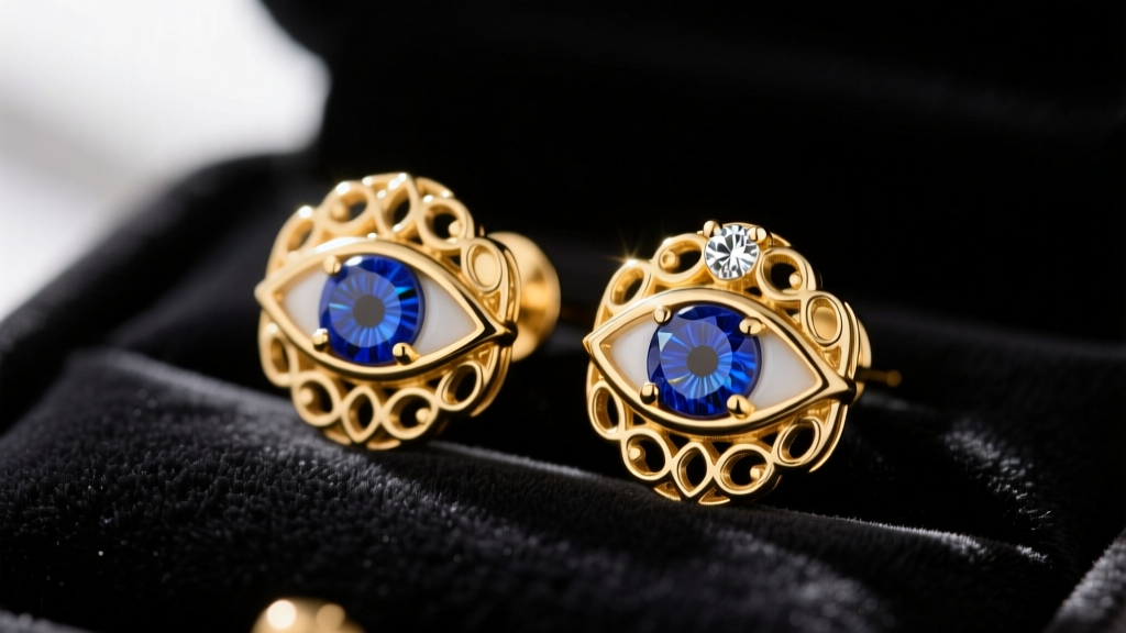 Close-up of 14k solid gold evil eye stud earrings with genuine lapis lazuli and a diamond pupil on dark velvet