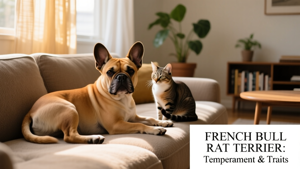 A French Bull Rat Terrier calmly resting beside a cat on a cozy sofa, illustrating peaceful interspecies bonding