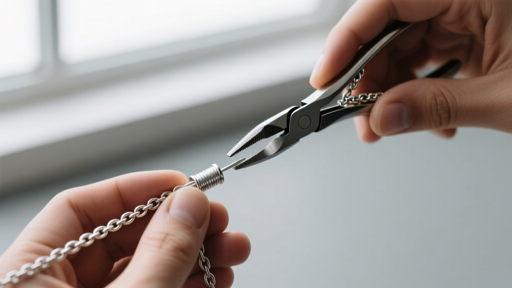 Jeweler using chain-nose pliers to secure a 2mm sterling silver tube crimp on 0.019-inch 49-strand stainless steel beading wire