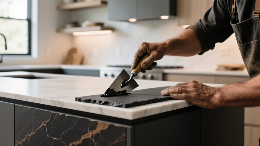 Close-up of a craftsman gluing dark charcoal ledgestone veneer onto a modern kitchen island base with a polymer-modified thinset adhesive.