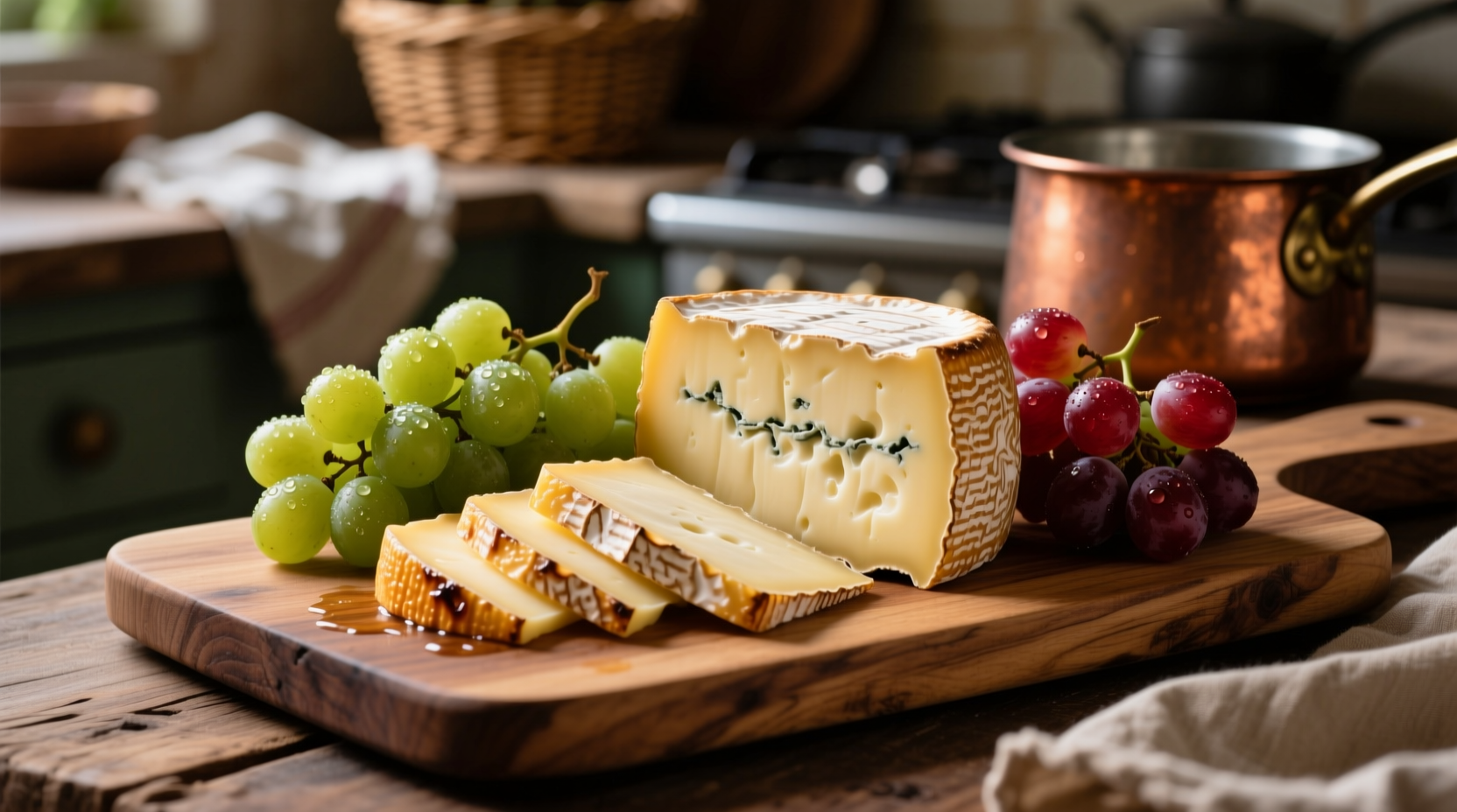 Provolone cheese slices on wooden board with grapes