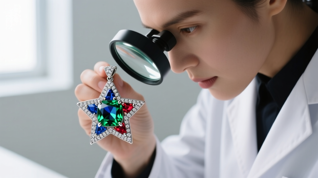 Jeweler using a 10x loupe to inspect bead-set diamonds on a star pendant, checking for prong wear and rhodium plating degradation