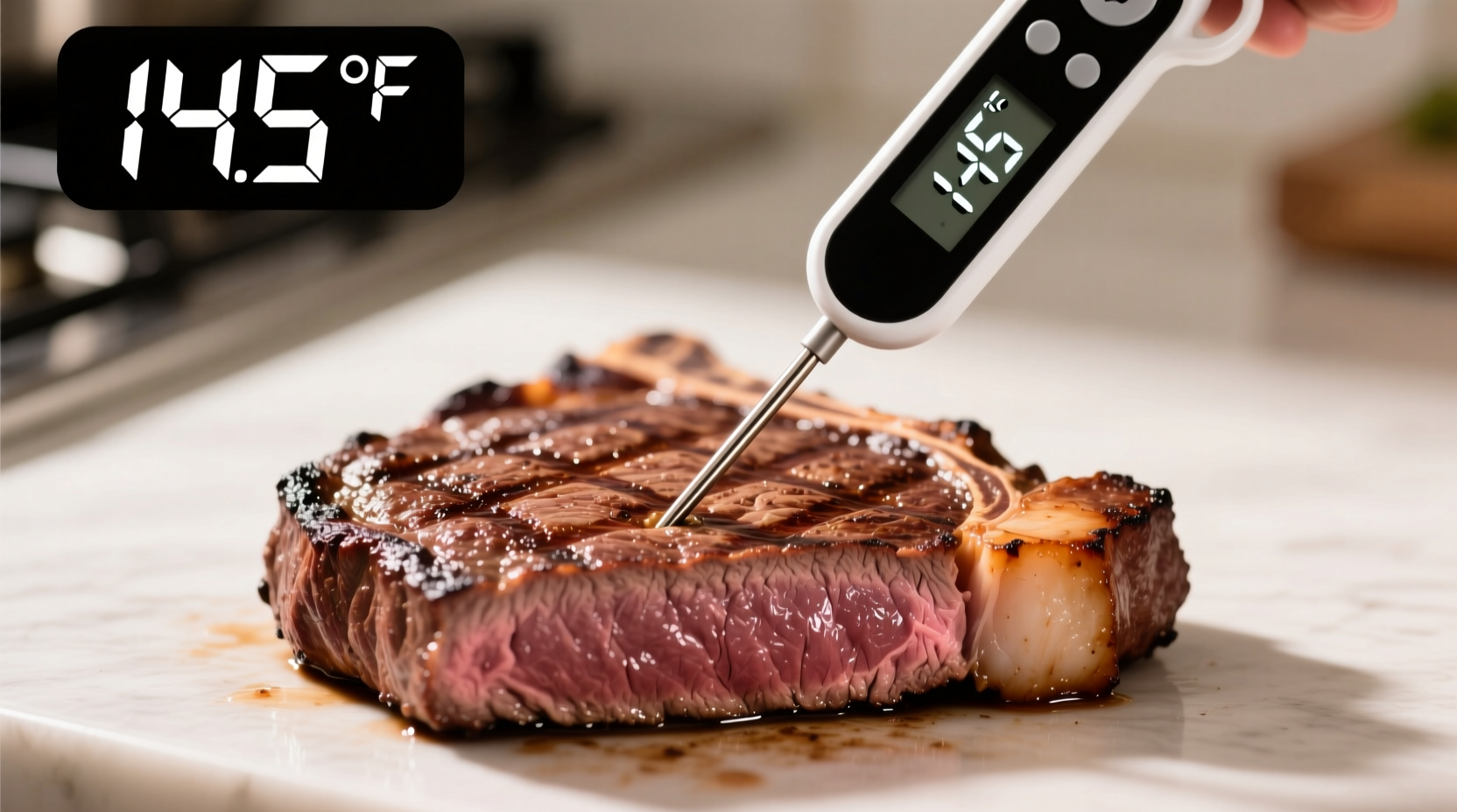 Digital meat thermometer showing 145 degrees Fahrenheit in beef steak