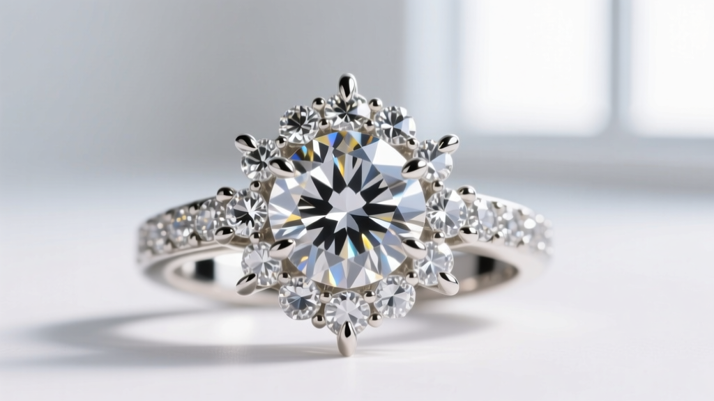 Macro shot of a lab-grown diamond melee cluster ring showing precise prong placement and bright light reflection in a studio