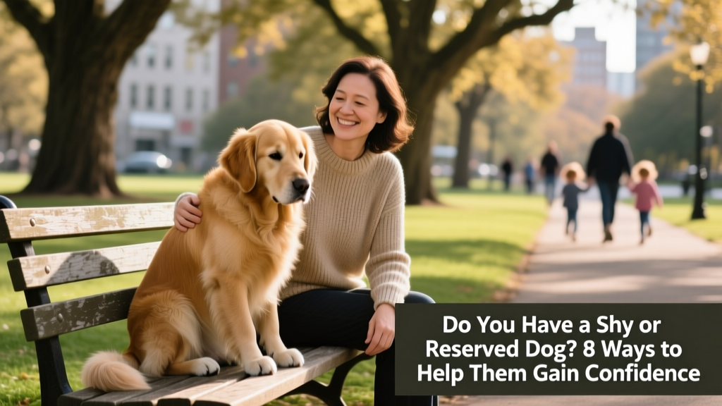 A calm, slightly hesitant dog sitting beside its owner on a quiet park bench, ears relaxed but body angled away from passing pedestrians