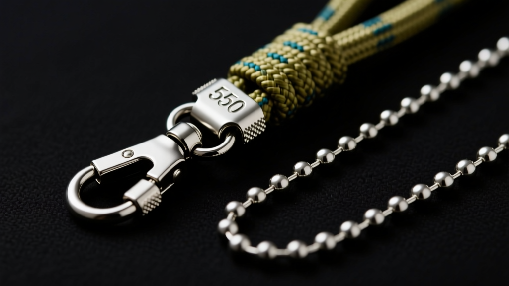 Macro shot of 550 paracord lanyard next to a steel ball chain, highlighting a metal breakaway safety clasp on a dark background