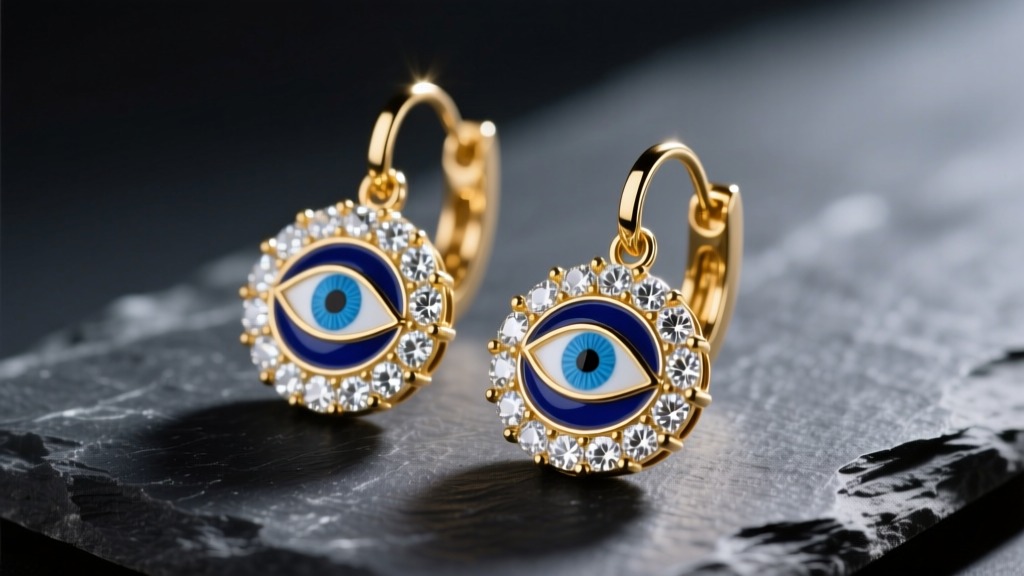 Close-up of gold vermeil evil eye dangle earrings resting on dark slate, highlighting blue enamel and a cubic zirconia halo.