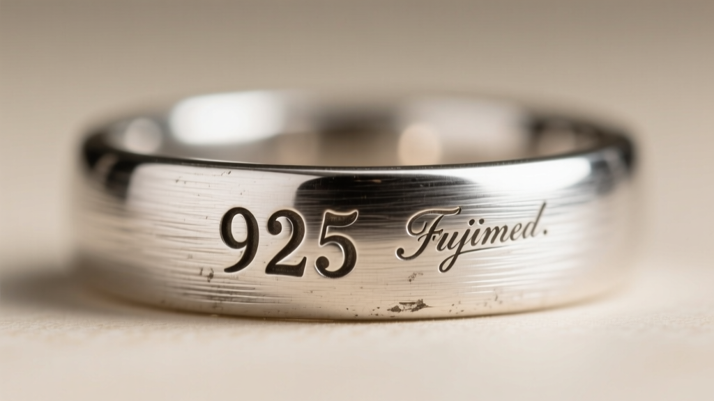 Macro shot of a vintage sterling silver ring shank showing a stamped 925 hallmark and maker's mark under warm light on dark slate.