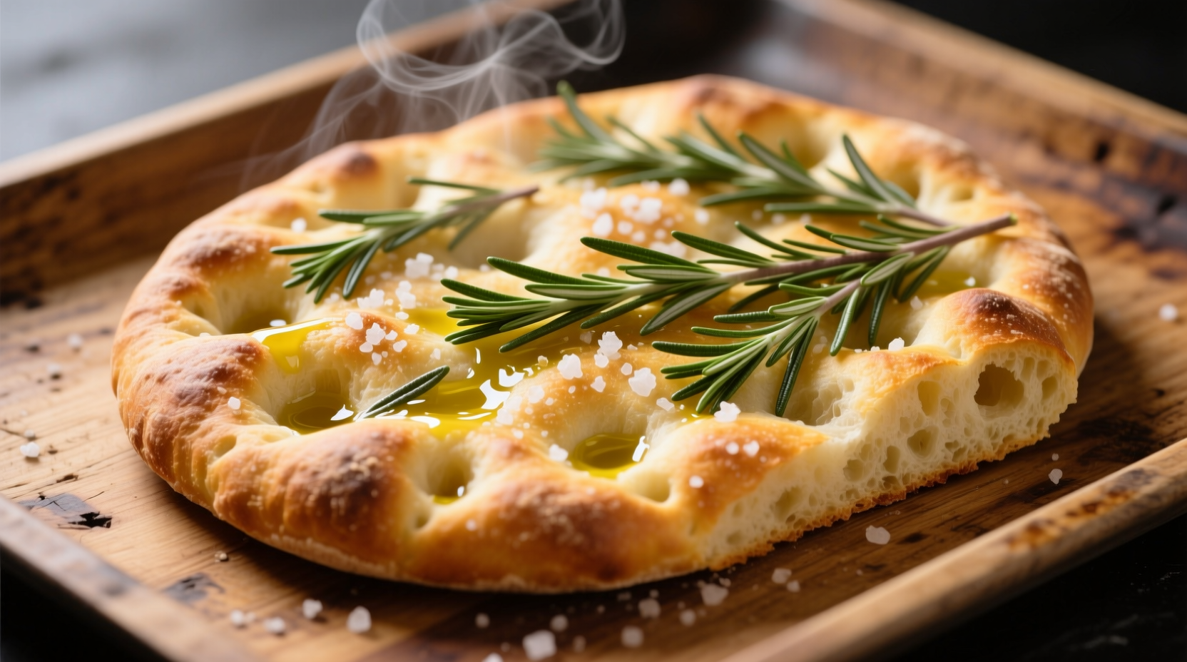 Golden garlic focaccia bread with rosemary on baking sheet