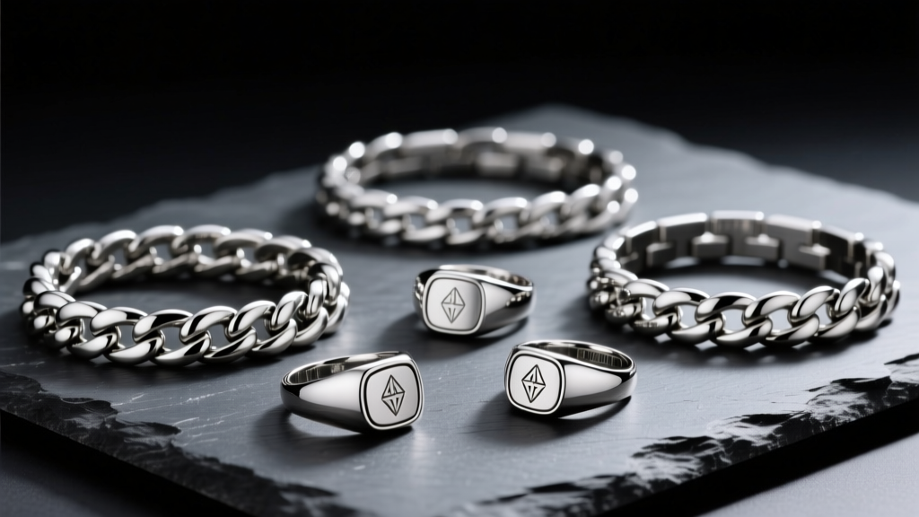 Polished 316L stainless steel Cuban link bracelets and signet rings resting on dark slate under soft directional lighting
