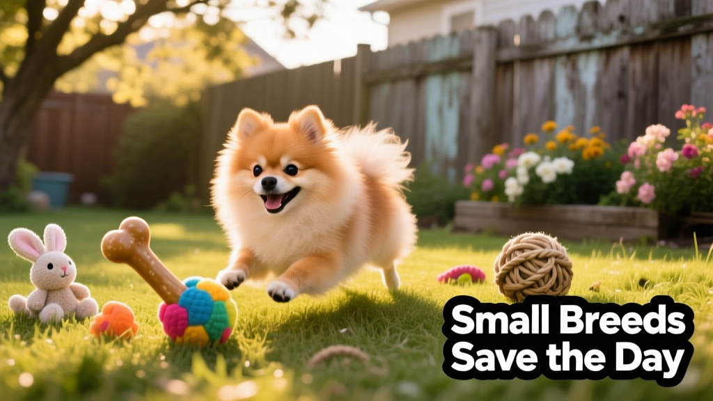 A joyful small dog playing in a sunlit backyard with toys scattered nearby