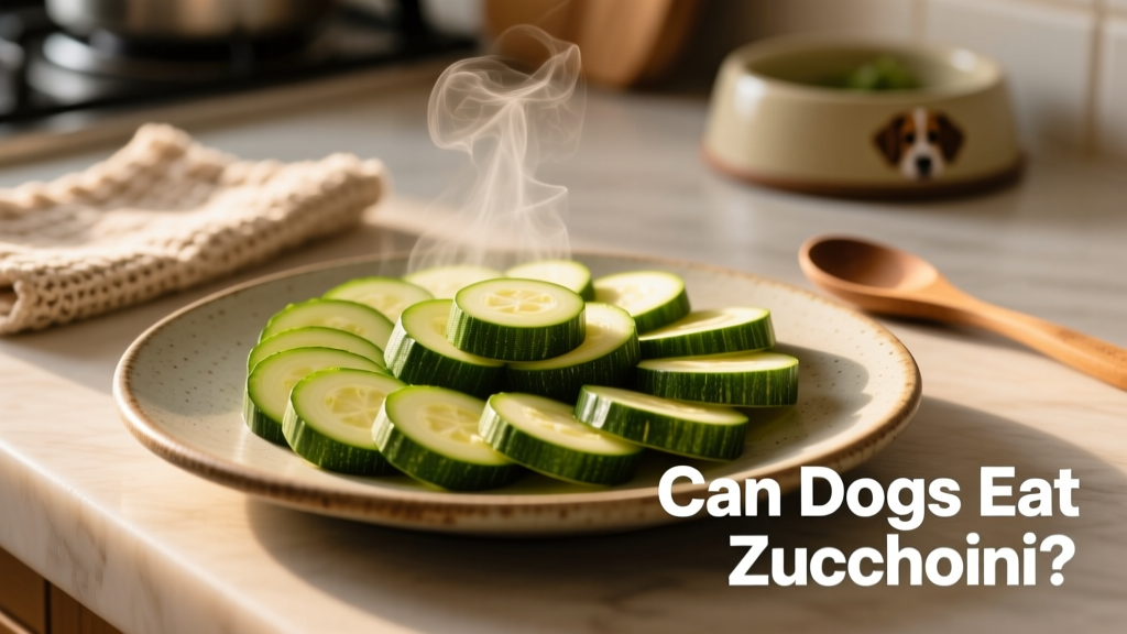 Steamed zucchini slices arranged neatly on a pet-safe plate
