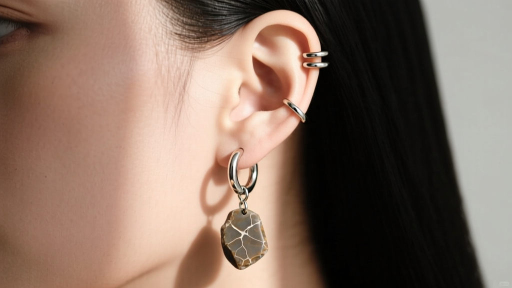 Side profile showing a curated ear stack with 18-gauge titanium huggies and raw stone dangles placed on the lower lobe and helix