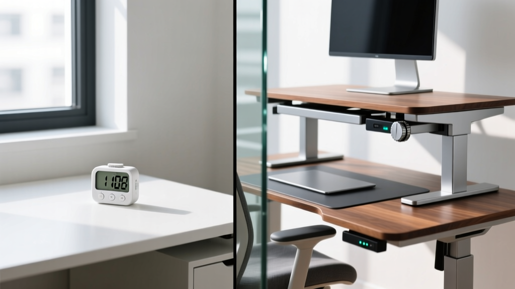 A split-screen desk setup showing a basic beginner timer on the left, and a sleek, modular expert standing desk with precision focus dials on the right.