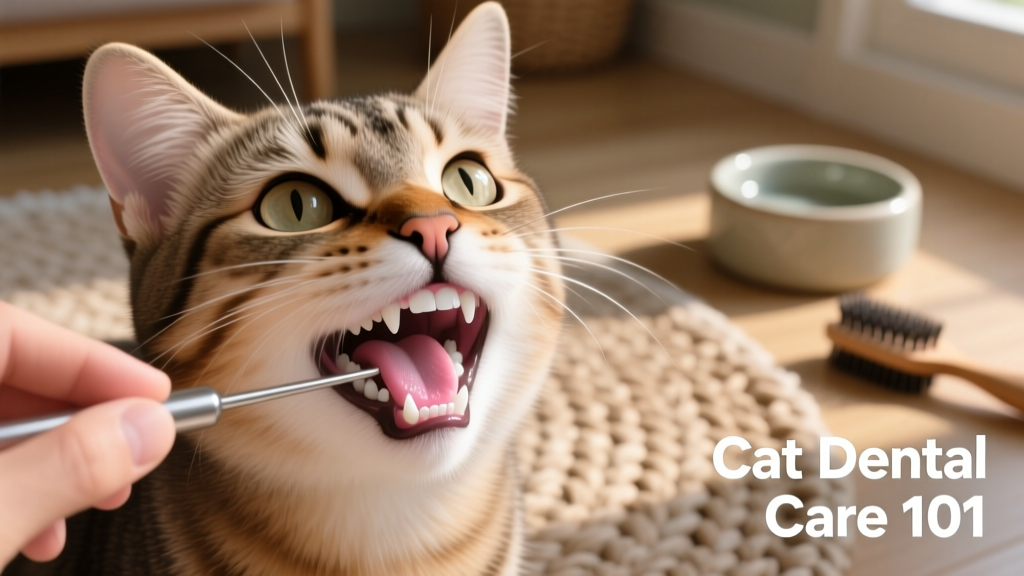 Close-up of a healthy cat's teeth and gums during a gentle oral exam