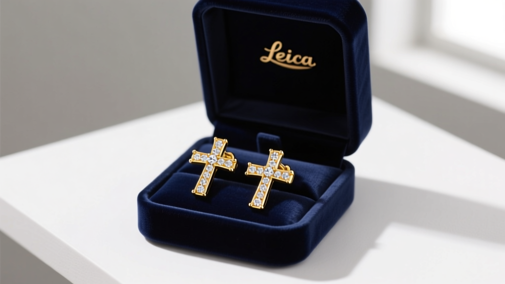 Open navy velvet box revealing 14k yellow gold dangling cross earrings with pave diamond accents under soft studio lighting