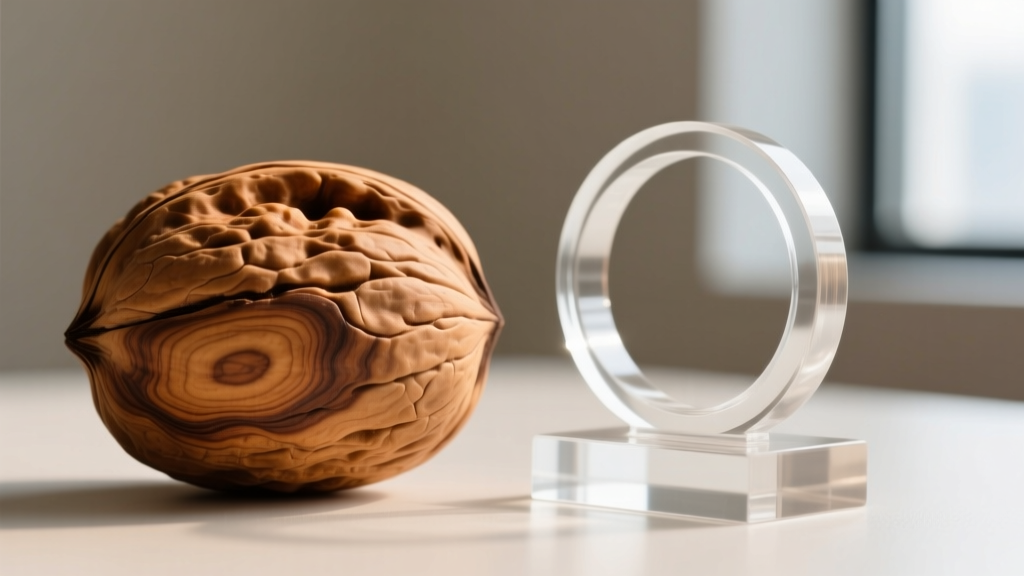 Macro shot of raw walnut wood grain next to a museum-grade clear acrylic ring stand, highlighting contrasting material textures.