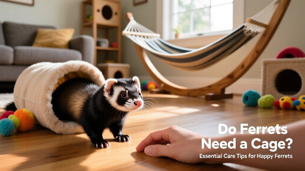 A ferret exploring a safely ferret-proofed living room with tunnels, toys, and supervised human interaction