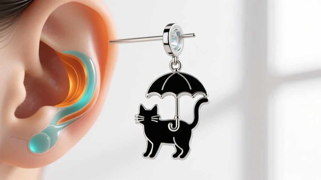 Technical diagram illustrating lobe stress points of a 12-gram dangle earring featuring a cat and umbrella silhouette in profile