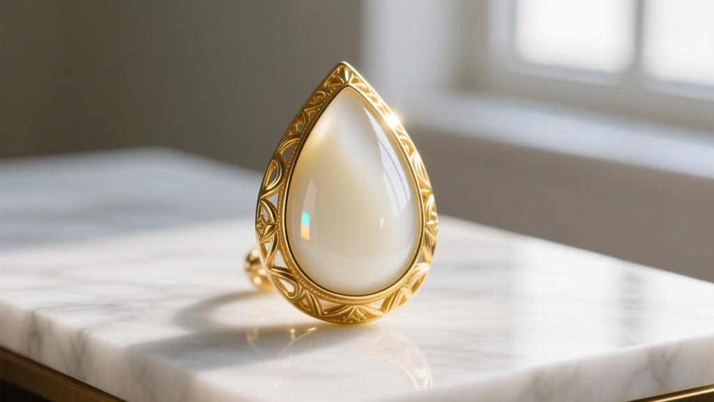 Gold-plated teardrop bezel filled with creamy white preserved milk resin resting on white marble under soft natural lighting