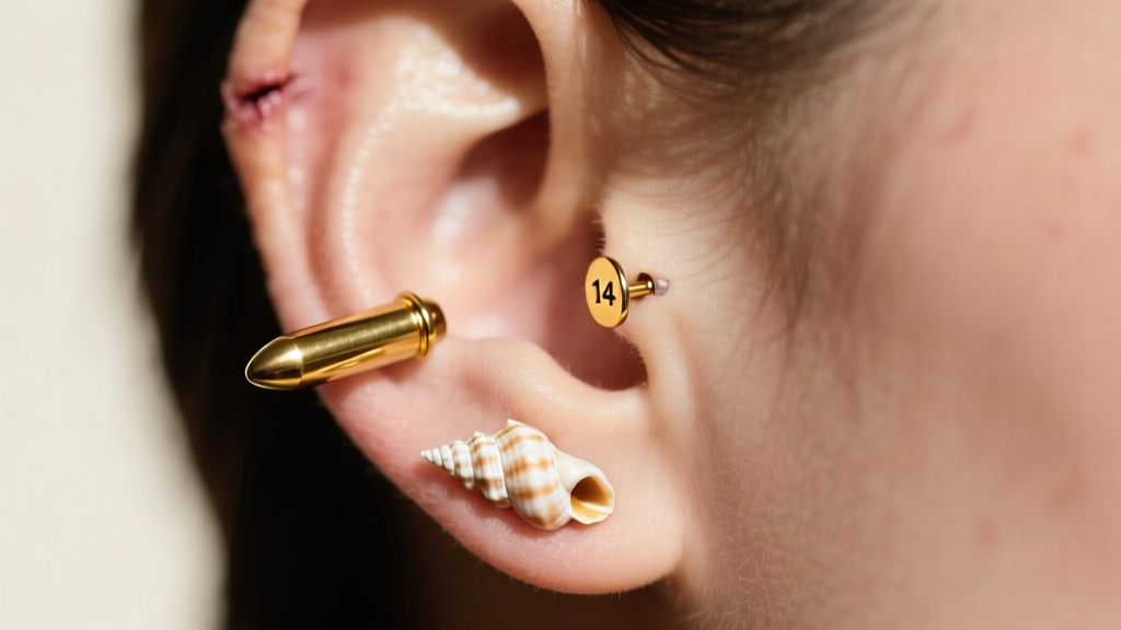 Healed conch piercing with a 14g bullet to the bone gold earring, showing the flat back seated securely against inner ear cartilage