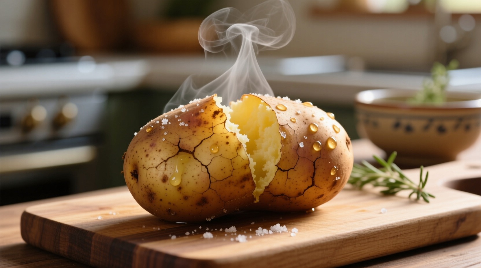Perfectly baked russet potato with steam rising