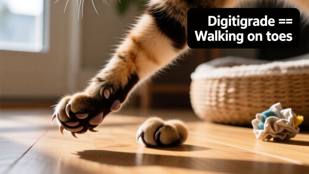 Close-up photo of a cat’s paw showing extended digits and raised heel, illustrating natural digitigrade posture