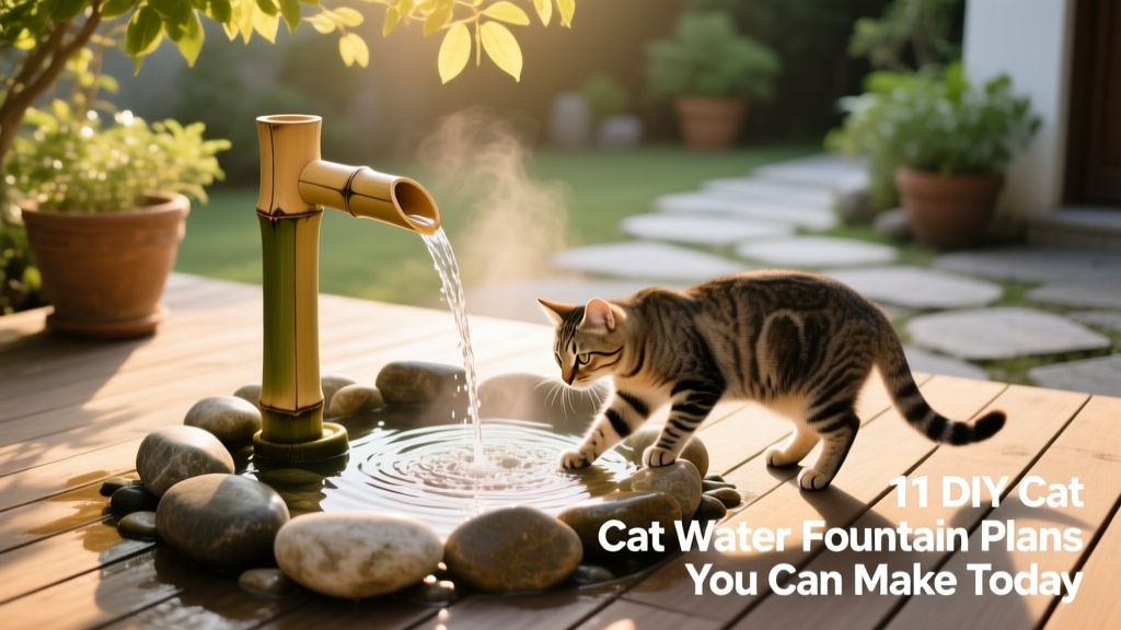 A sleek bamboo cat water fountain on a sunlit patio with river stones and gentle water flow