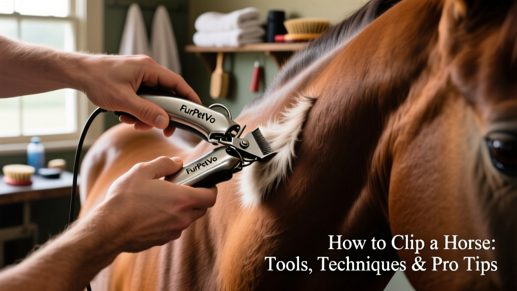 Close-up of hands using FurPetVo clippers on a horse's neck, showing smooth, even hair removal and proper grip technique