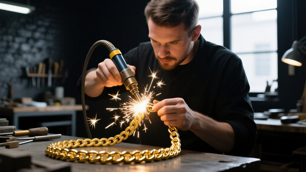 Jeweler using a laser welder to solder a seam on a thick gold rope chain, with bright sparks against a dark workshop background
