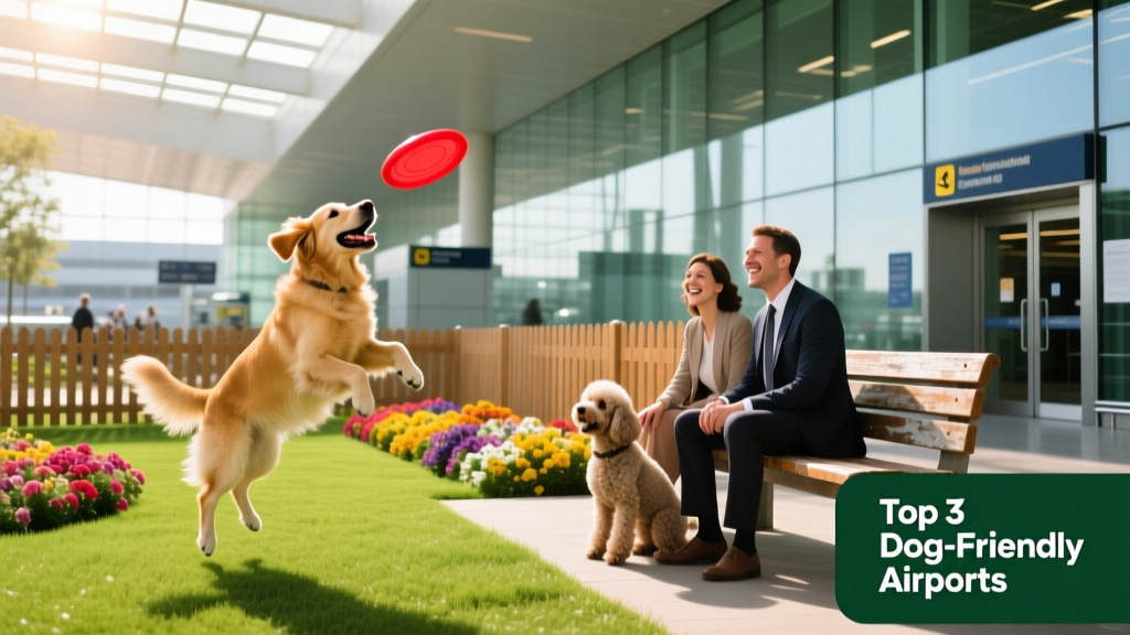 A sunny, fenced dog park at an airport with benches, flowers, and a dog playing fetch