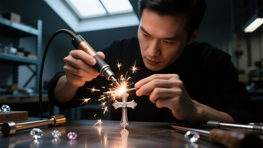 Jeweler using a laser welder to fuse 14k rose gold onto a silver cross pendant, with bright sparks in a dark workshop setting